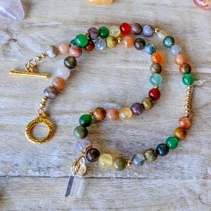 18k Gold Filled Rainbow Mixed Stone Beaded Necklace- Asymmetrical & Hippie